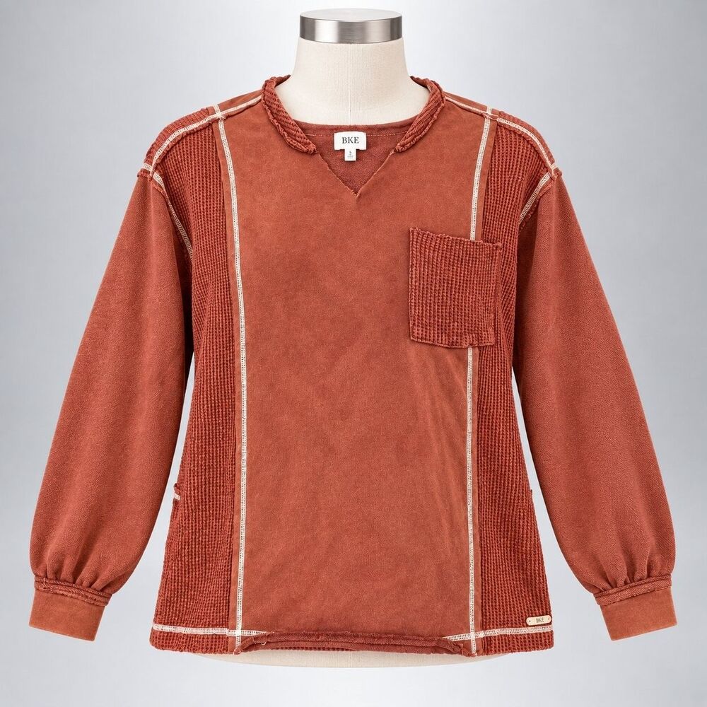 BKE Buckle Womens Small Thermal Waffle Knit Pullover Top Terracotta Distressed